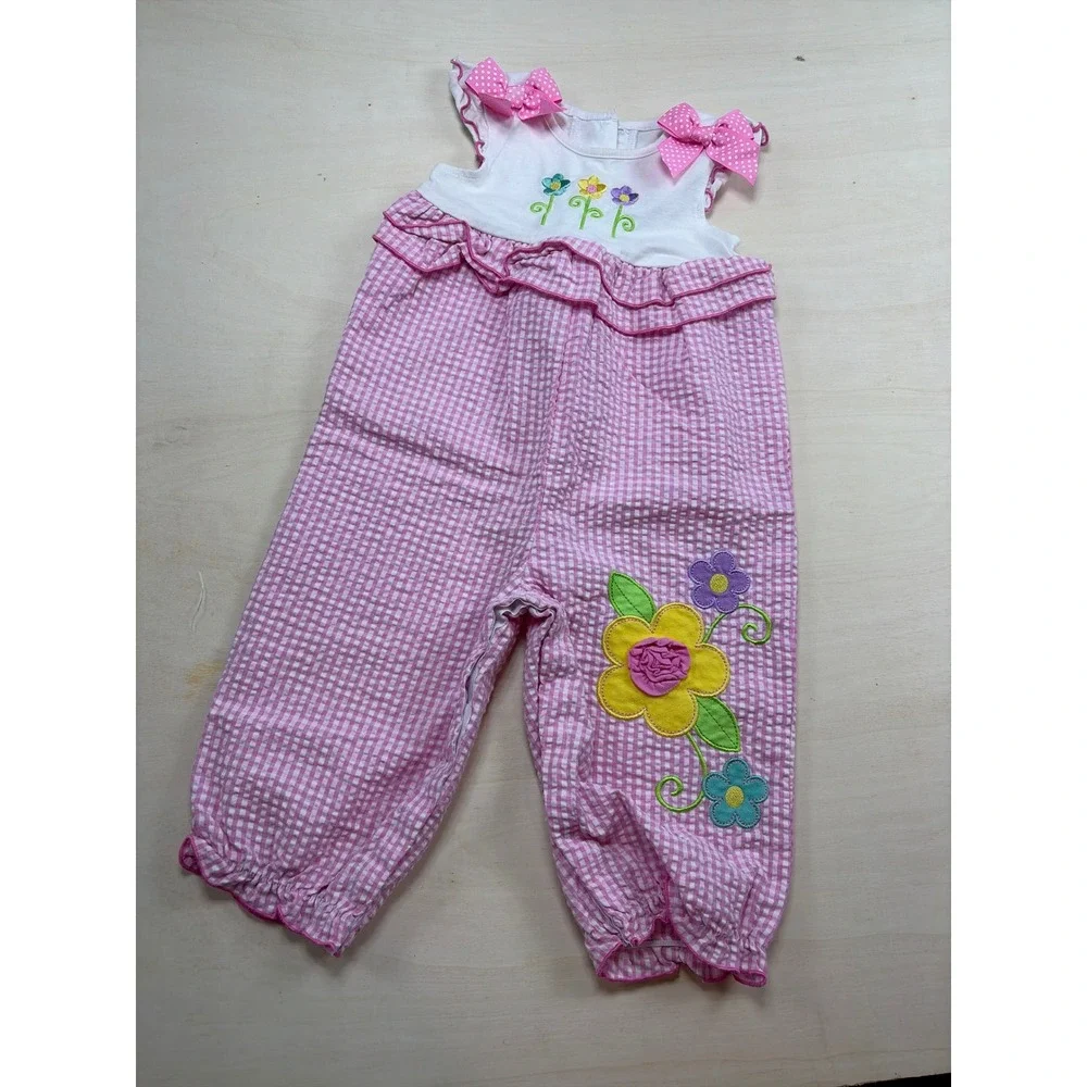 Vintage Good Lad Baby Girl Pink Gingham Floral Embroidered Jumpsuit Bows12 Month